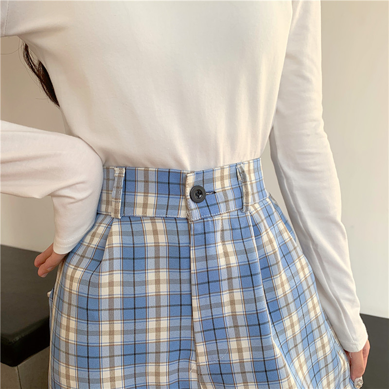 Pantalon Écossais Long Bleu Femme