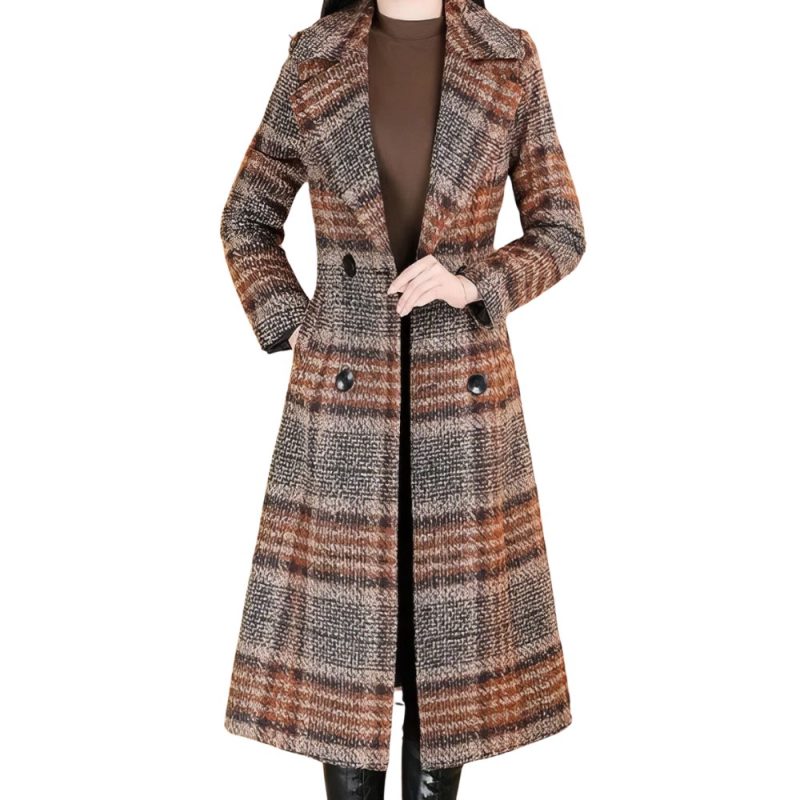 Manteau Long Écossais À Carreaux Avec Col À Revers Marron Et Beige