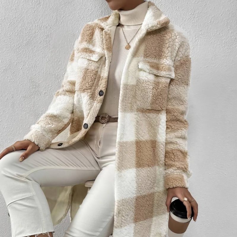 Manteau Tartan Femme Epais À Carreaux Beige Et Blanc