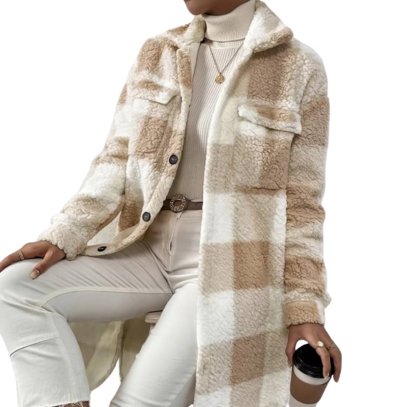 Manteau Tartan Femme Epais À Carreaux Beige Et Blanc