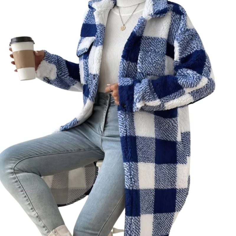 Manteau Tartan Femme Epais À Carreaux Bleu Et Blanc