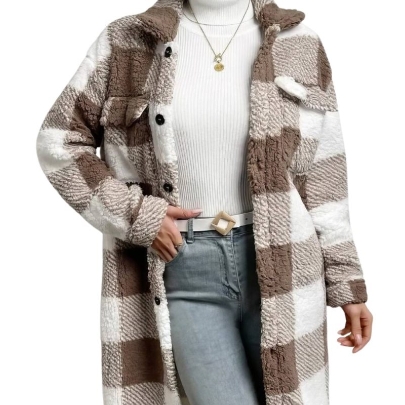 Manteau Tartan Femme Epais À Carreaux Marron Et Blanc