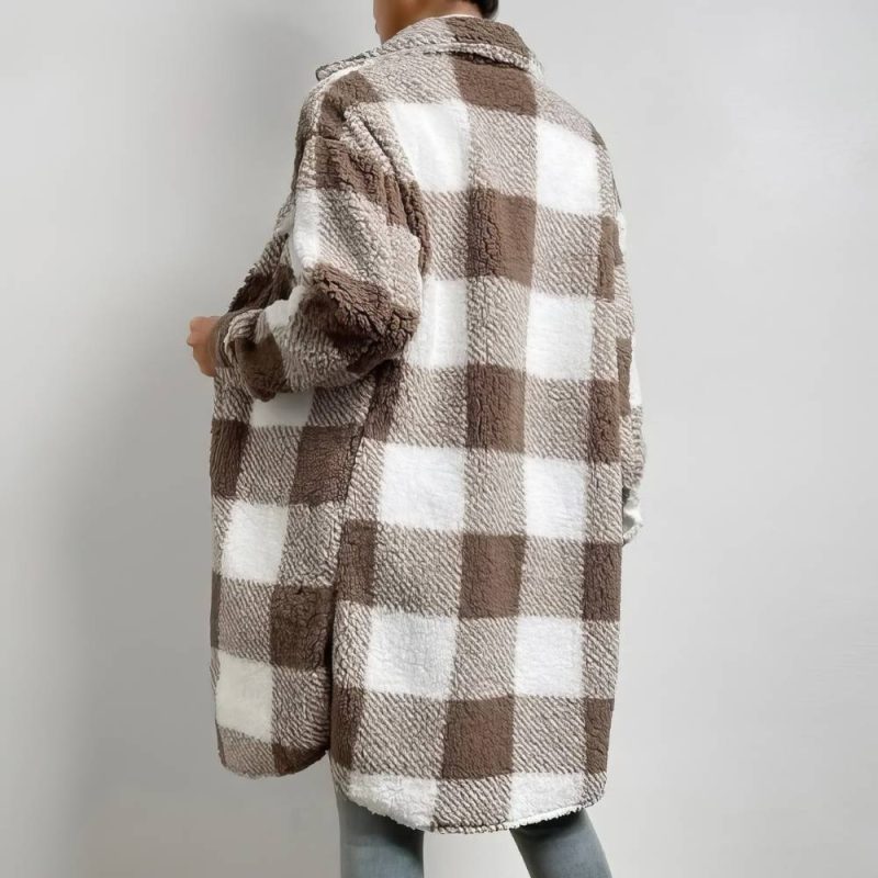 Manteau Tartan Femme Epais À Carreaux Marron Et Blanc