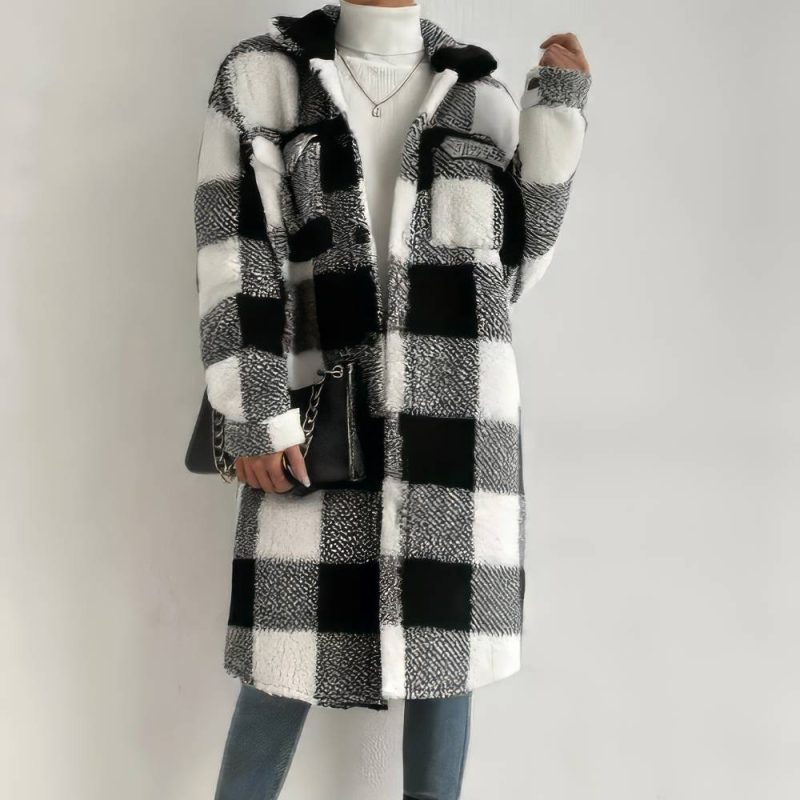 Manteau Tartan Femme Epais À Carreaux Noir Et Blanc