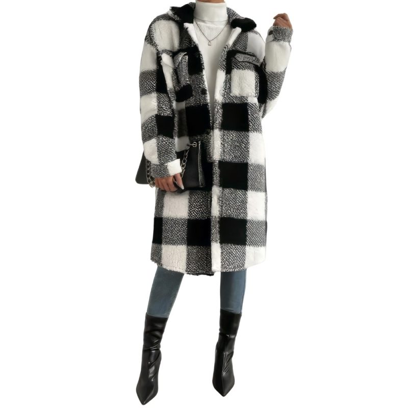 Manteau Tartan Femme Epais À Carreaux Noir Et Blanc