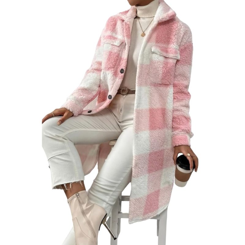 Manteau Tartan Femme Epais À Carreaux Rose Et Blanc