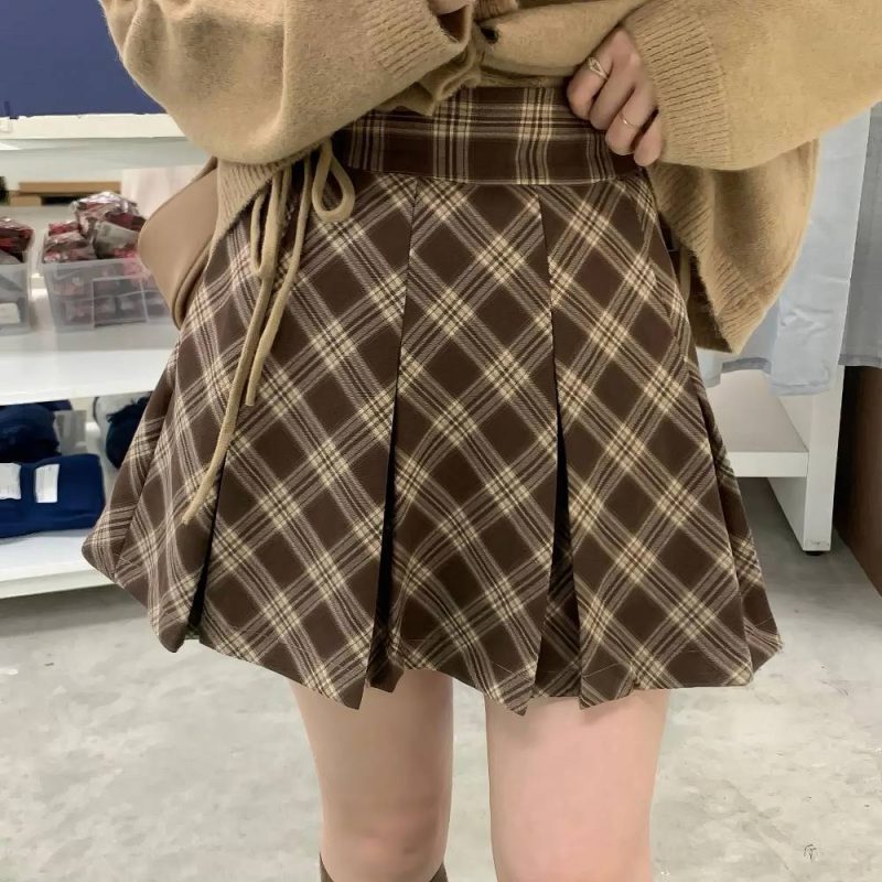 Mini Jupe Tartan Écossaise Plissée Marron Et Beige