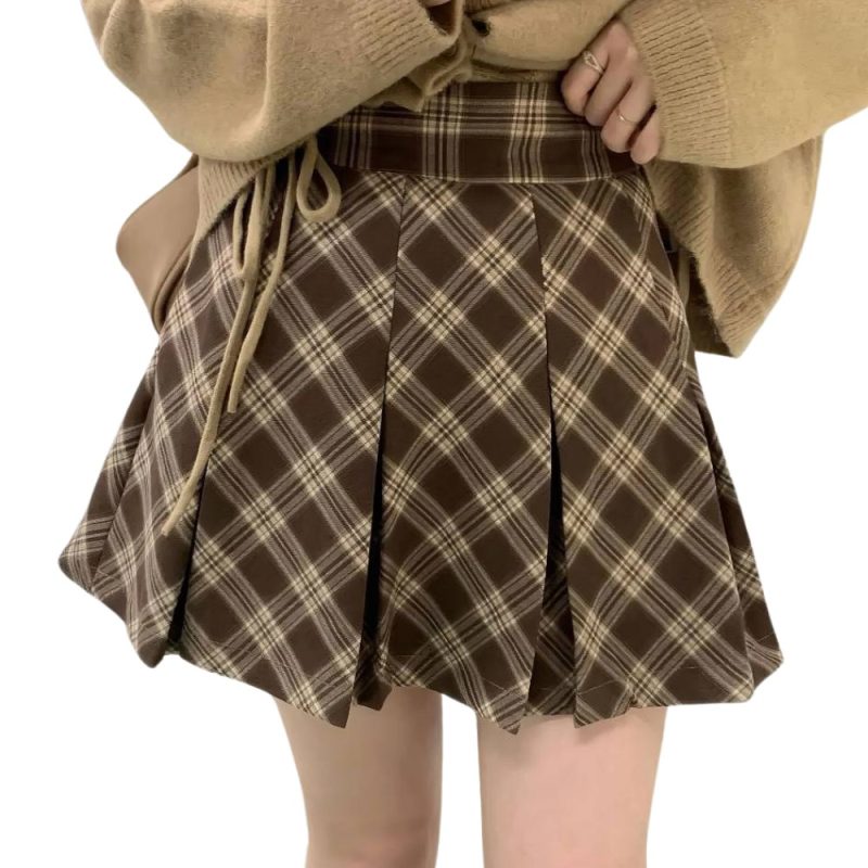 Mini Jupe Tartan Écossaise Plissée Marron Et Beige