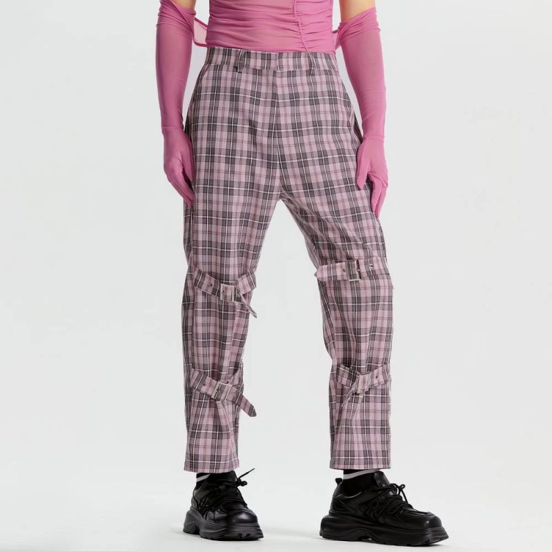 Pantalon Écossais Cargo À Sangles Rose Et Noir