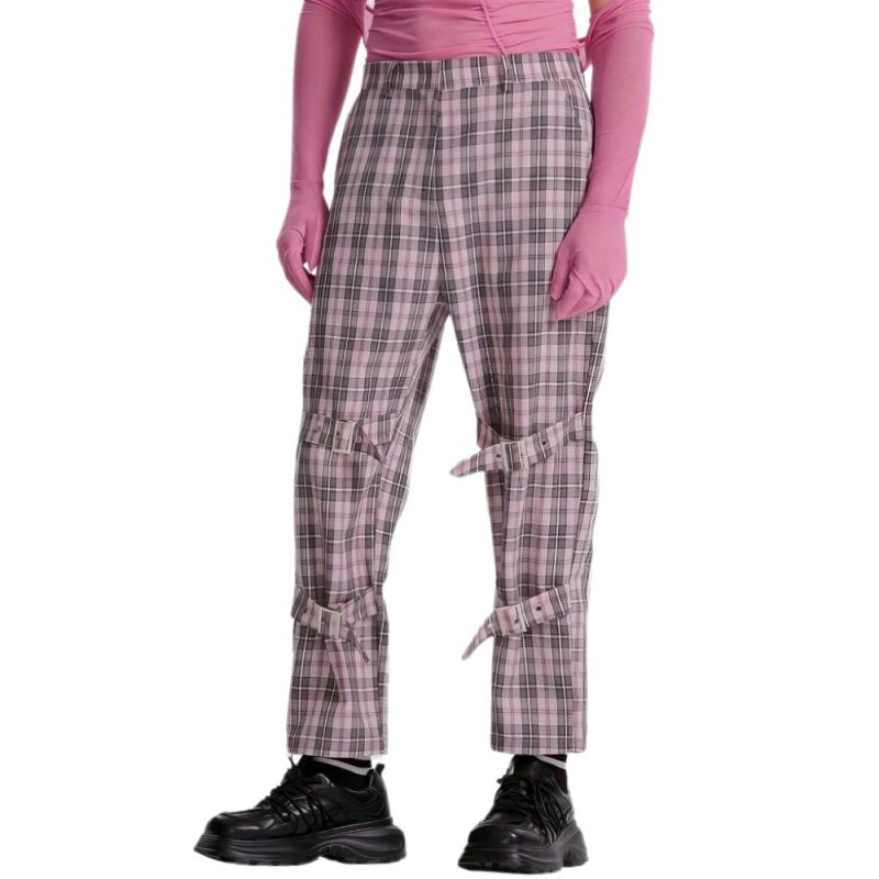 Pantalon Écossais Cargo À Sangles Rose Et Noir