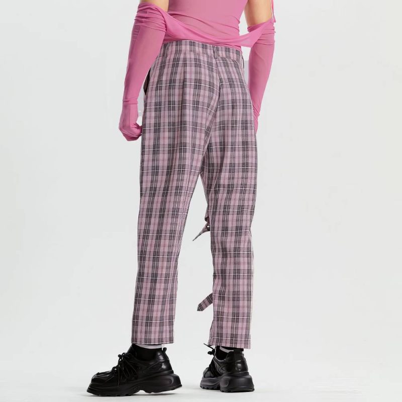 Pantalon Écossais Cargo À Sangles Rose Et Noir