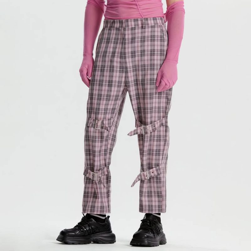 Pantalon Écossais Cargo À Sangles Rose Et Noir