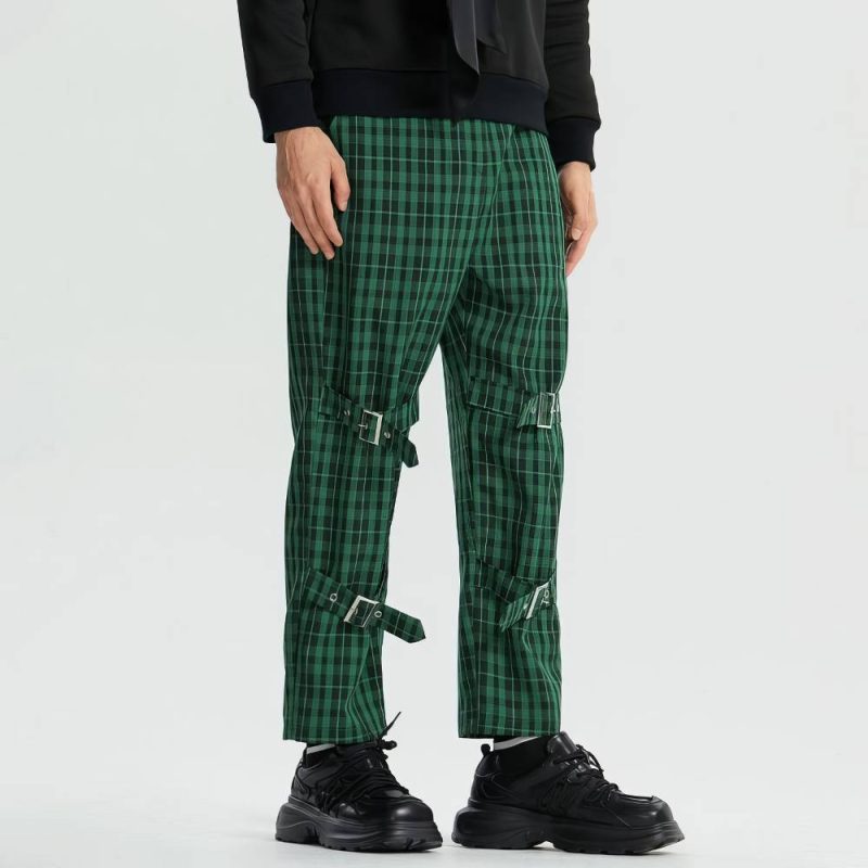 Pantalon Écossais Cargo Homme À Sangles Vert Et Noir