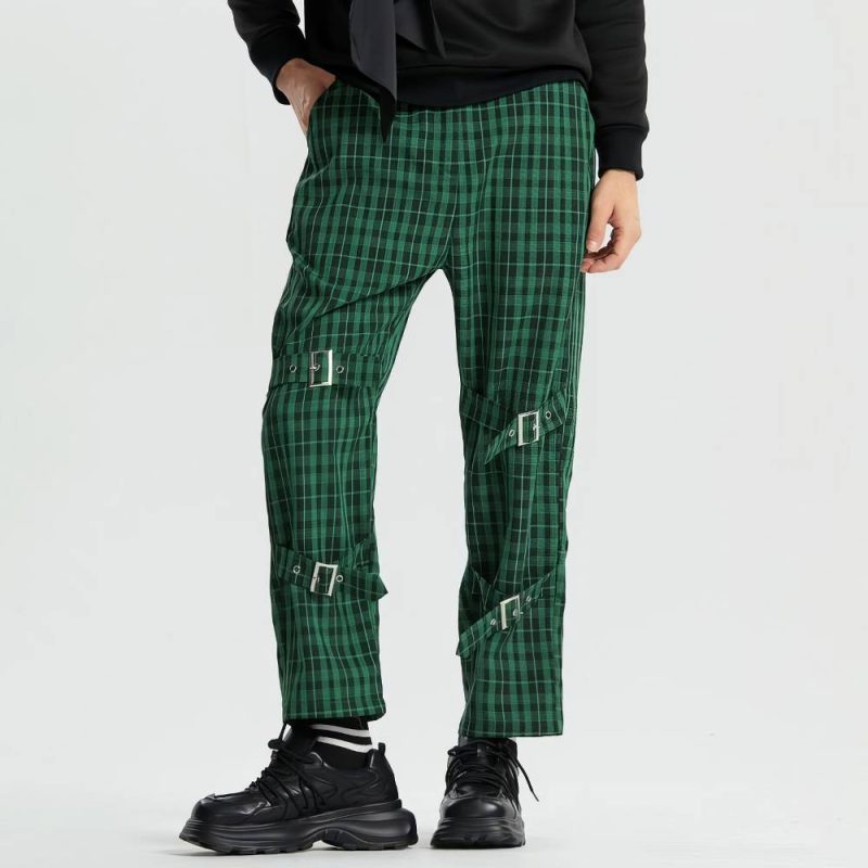 Pantalon Écossais Cargo Homme À Sangles Vert Et Noir