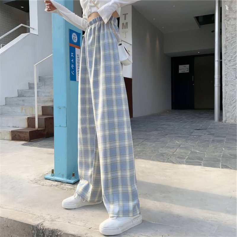 Pantalon Écossais Femme Urbain Bleu Et Blanc