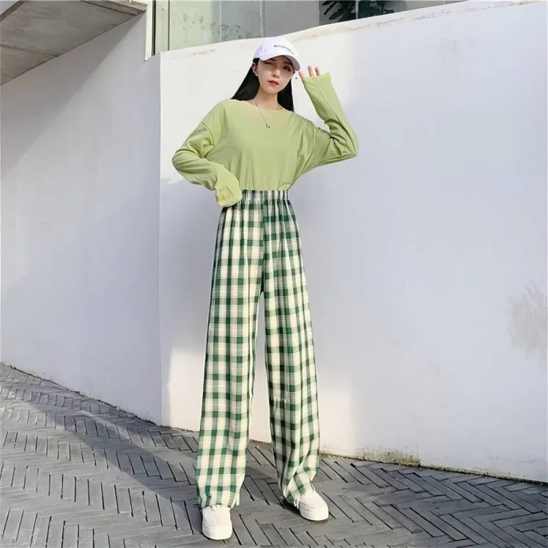 Pantalon Écossais Femme Urbain Vert Et Blanc