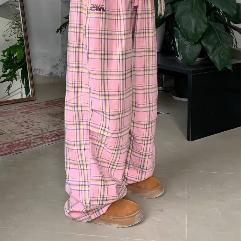 Pantalon Écossais Femme Vintage Rose Et Jaune