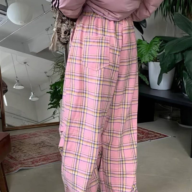 Pantalon Écossais Femme Vintage Rose Et Jaune