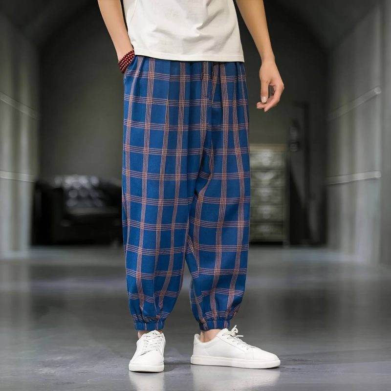 Pantalon Écossais Homme Large Bleu Et Orange