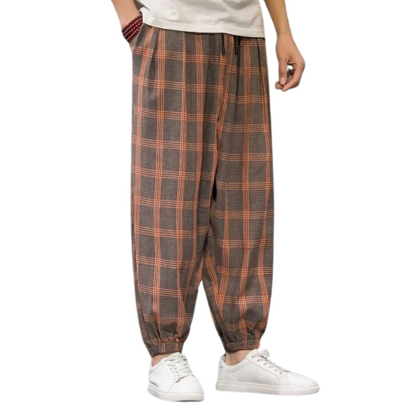 Pantalon Écossais Homme Large Marron Et Orange