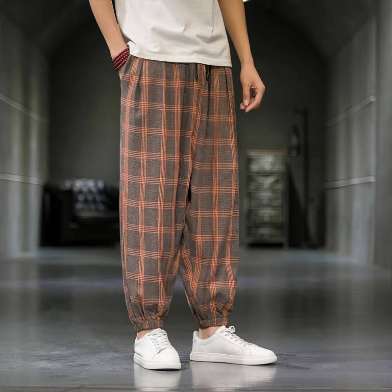 Pantalon Écossais Homme Large Marron Et Orange