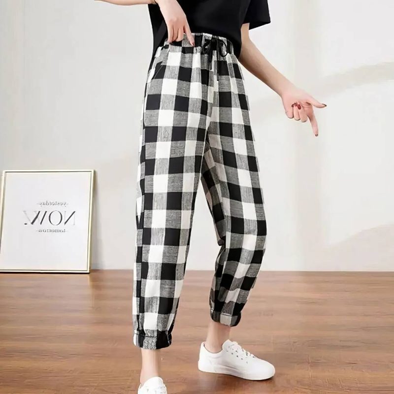 Pantalon Écossais Jogging Femme À Carreaux Noir Et Blanc