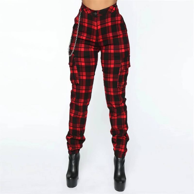 Pantalon Écossais Streetwear Femme Rouge Et Noir