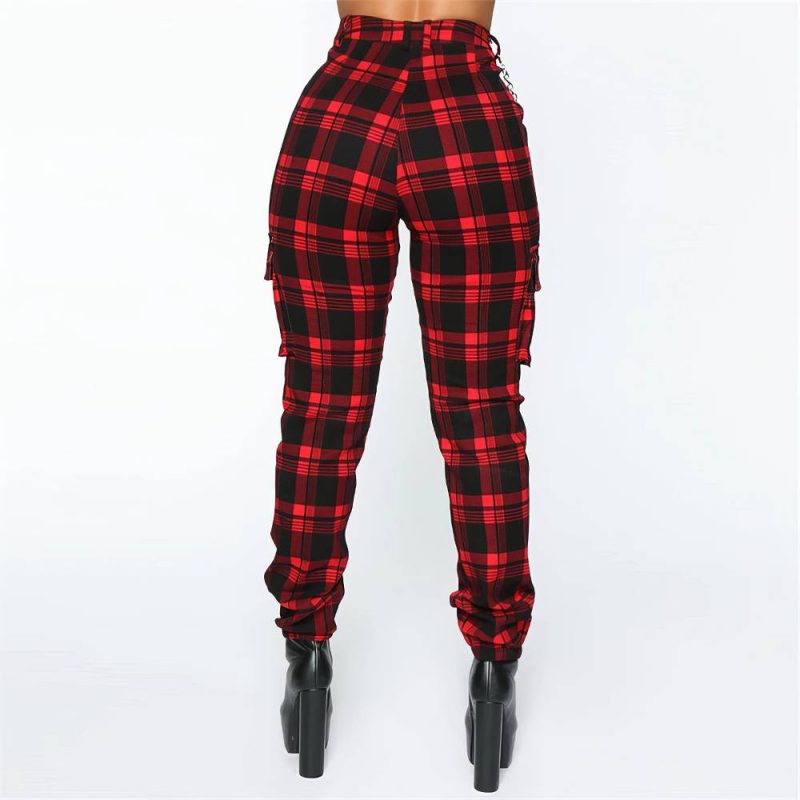 Pantalon Écossais Streetwear Femme Rouge Et Noir