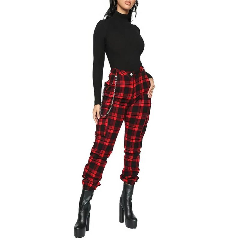 Pantalon Écossais Streetwear Femme Rouge Et Noir