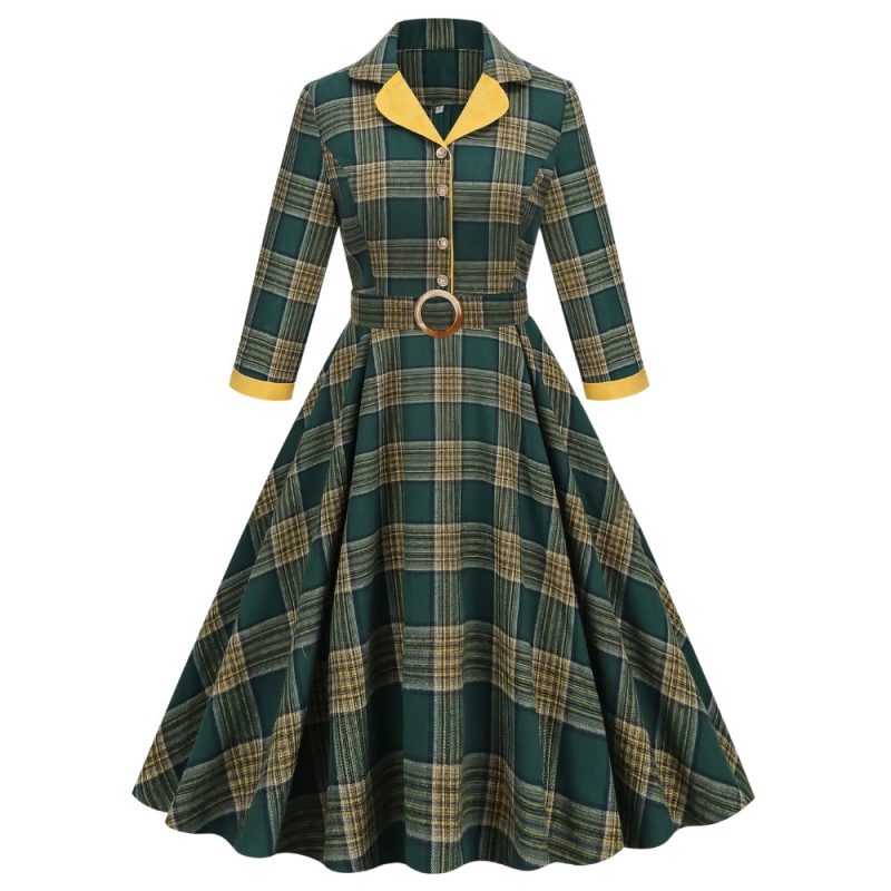 Robe Écossaise À Carreaux Vert Et Jaune Ceinture Boucle