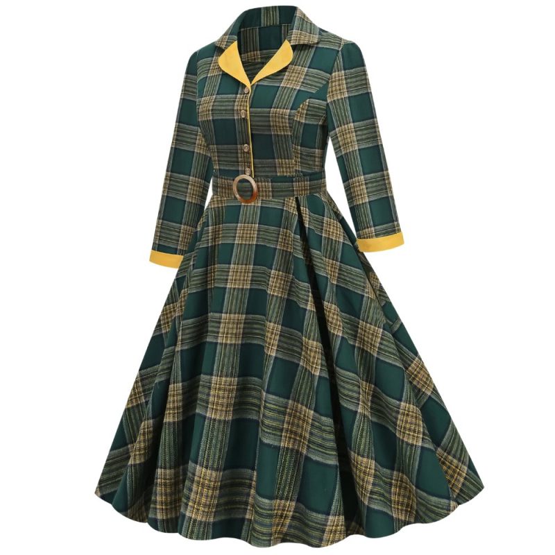 Robe Écossaise À Carreaux Vert Et Jaune Ceinture Boucle