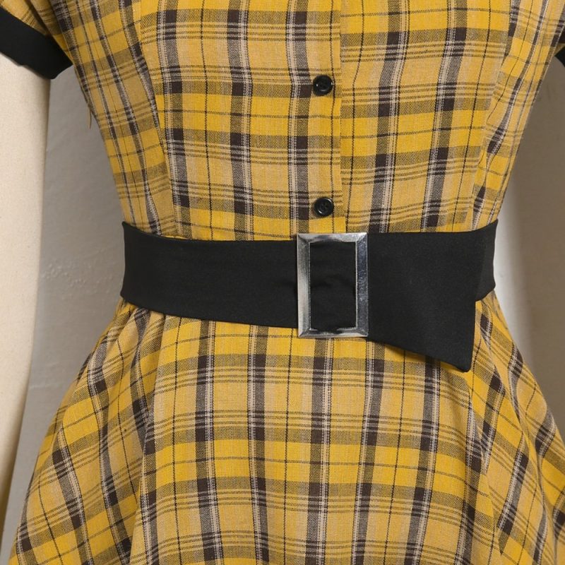 Robe Écossaise Jaune À Carreaux Avec Ceinture Manches Courtes