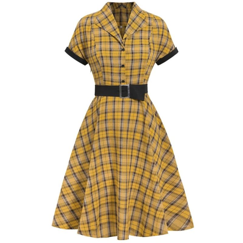 Robe Écossaise Jaune À Carreaux Avec Ceinture Manches Courtes