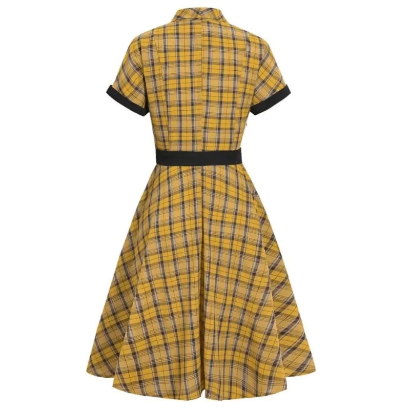 Robe Écossaise Jaune À Carreaux Avec Ceinture Manches Courtes