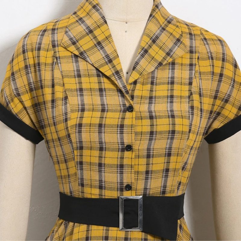 Robe Écossaise Jaune À Carreaux Avec Ceinture Manches Courtes