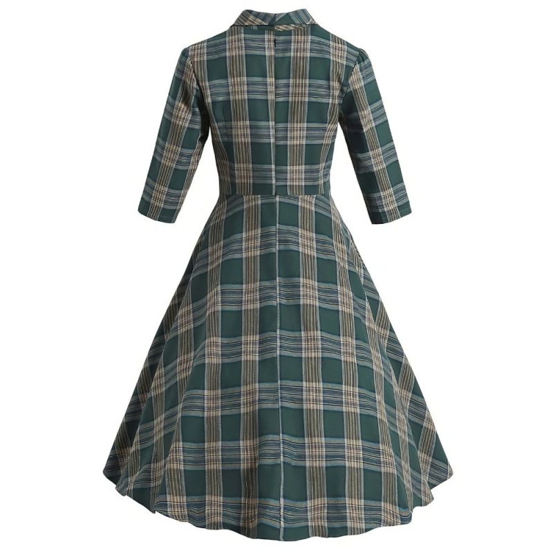 Robe Écossaise Vintage À Carreaux Vert Et Beige