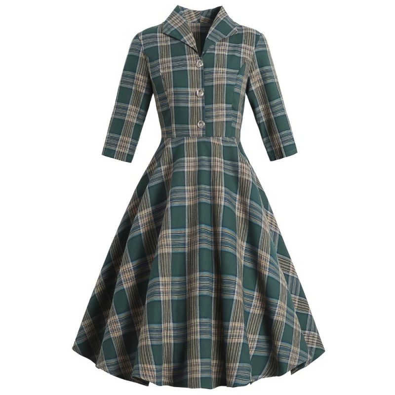 Robe Écossaise Vintage À Carreaux Vert Et Beige